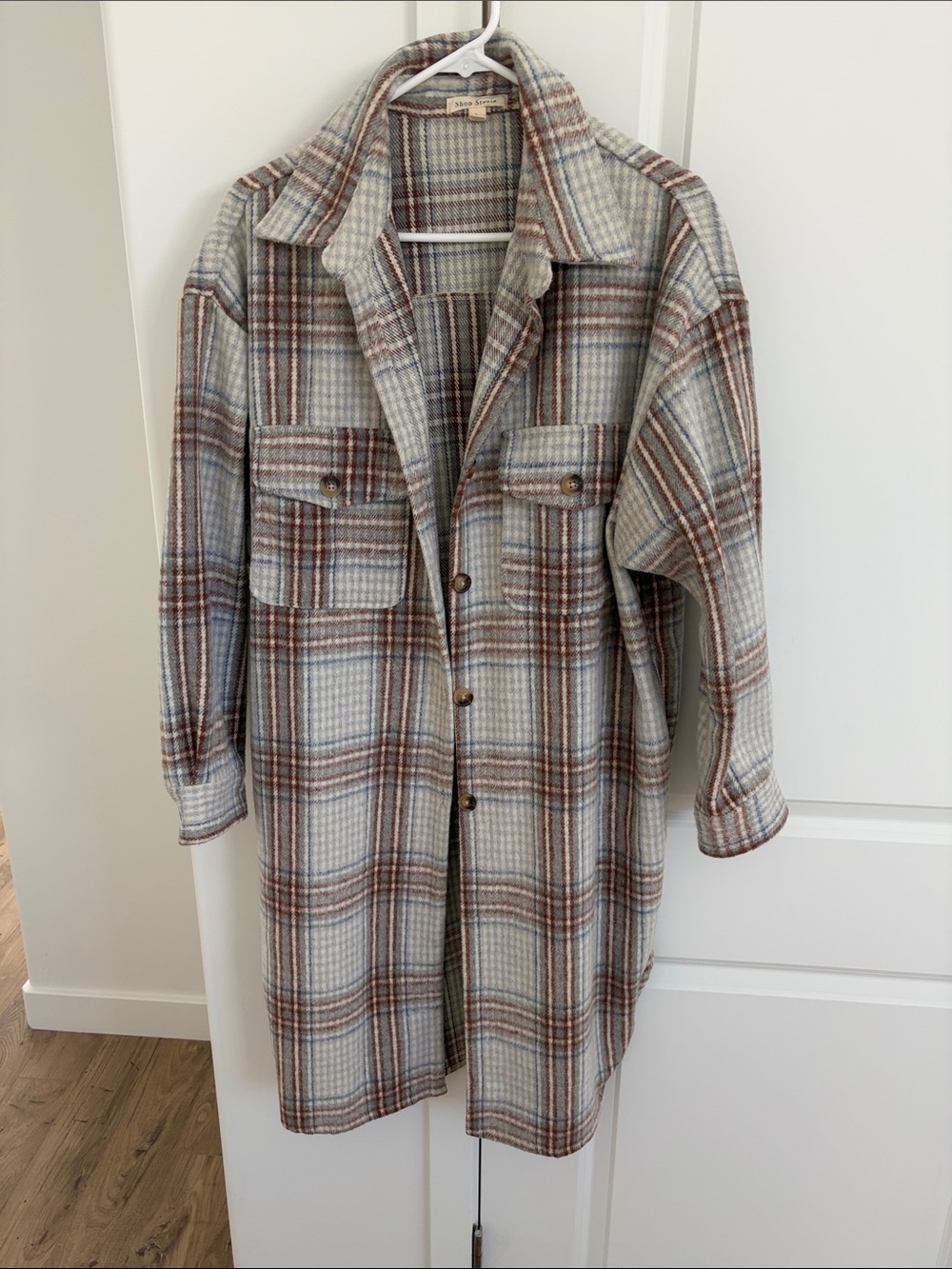 Shop Stevie Plaid Trench Coat in Gray and Brown